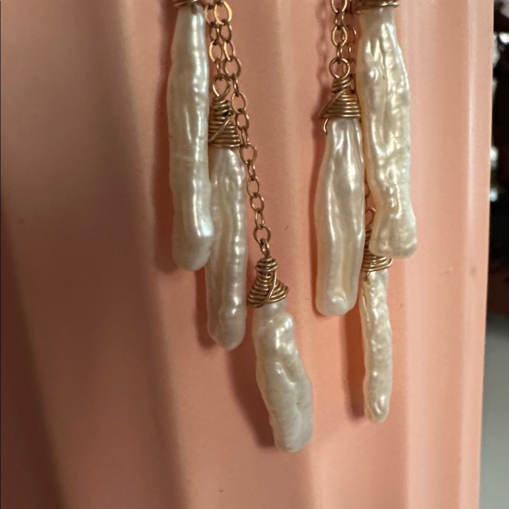 Baroque Freshwater Pearl Cascade Drop Earrings | Gold Tone | Boho Bridal - Picture 13 of 14